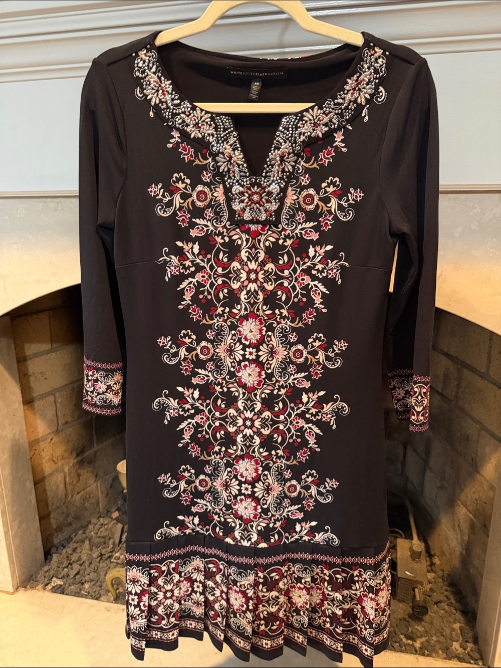White House Black Market Black Midi Dress with Pink and Cream Floral Embroidery